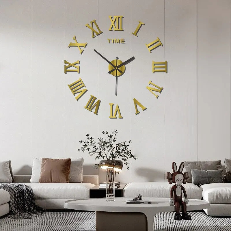 Horloge Murale Acrylique 3D Chiffres Romains | Miroir DIY | Grande Ronde | Décor Salon & Chambre