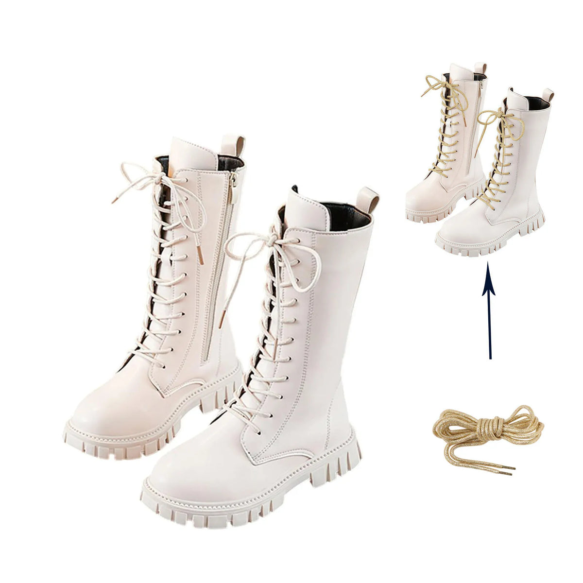 Bottes Combat Punk Gothique Filles Ado | Cuir Vegan Mi-Mollet | Zipper Latéral Antidérapant | 4-11 Ans
