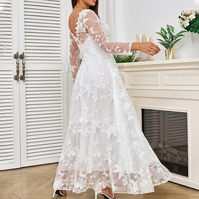 2026 New Women's Dress Lace Deep v Long Sleeve Dress Long Dress Long Dress Gown Vestidos De Festa