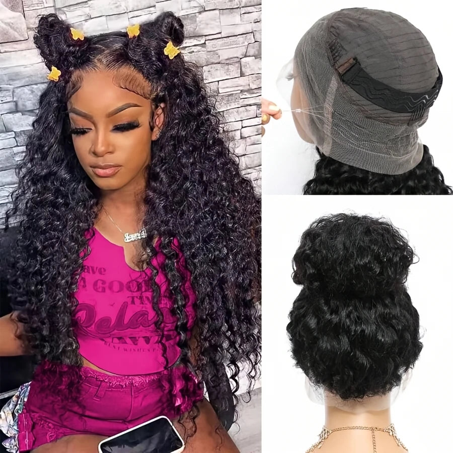 No Glue Upgrade 30 inch 250% HD 360 Lace Front Kinky Curly Wig Drawstring Lace Black Human Hair Water 360 Full Glueless Wigs