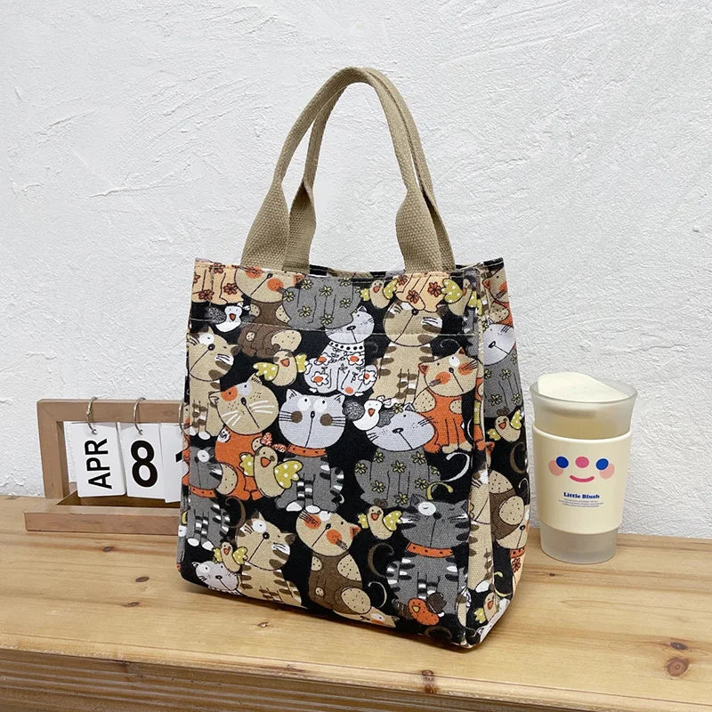 Fashionable Top-Handle Bag with Cute Cat Pattern, Portable Mommy Bag for Women