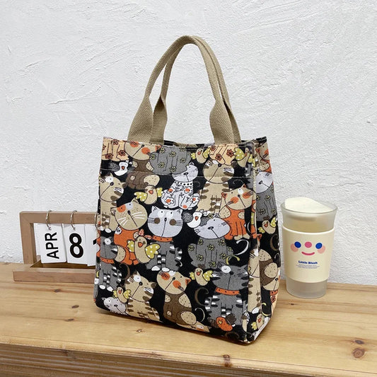 Fashionable Top-Handle Bag with Cute Cat Pattern, Portable Mommy Bag for Women