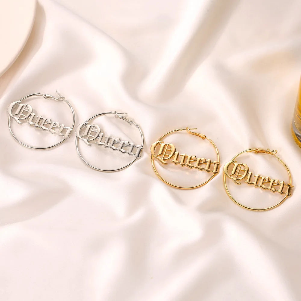 New Simple Big Circular Hyperbole Personalized Letter Hoop Earrings For Women Fashion Hollow Round Jewelry Gift
