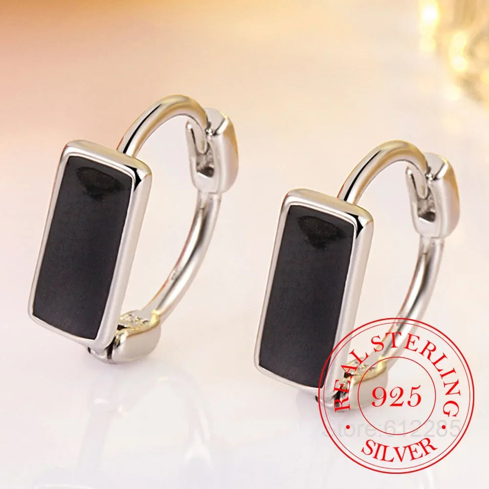925 Sterling Silver Geometric Black Hoop Earrings for Women Wedding Party Jewelry Gift Pendientes Mujer Moda