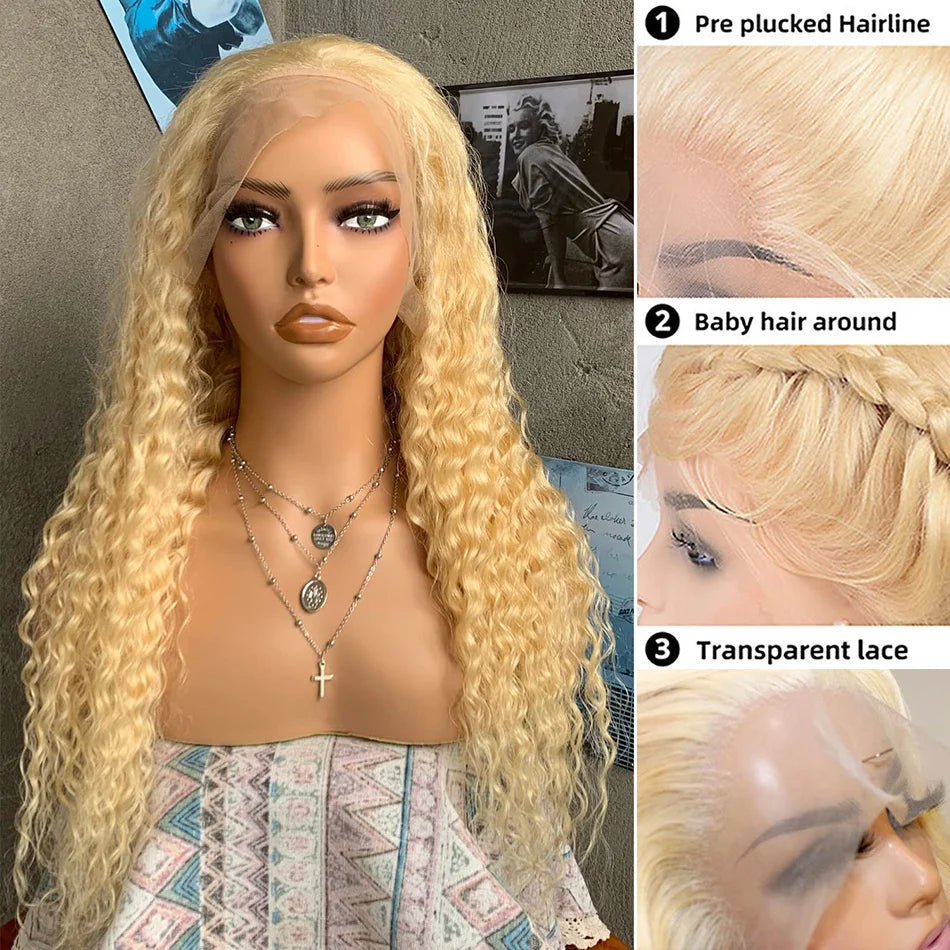 Perruque Blonde 613 | HD Lace Frontal 13x6 & 13x4 | Water Deep Wave | Pré-Pluçuée | 30-38 Pouces | Cheveux Humains