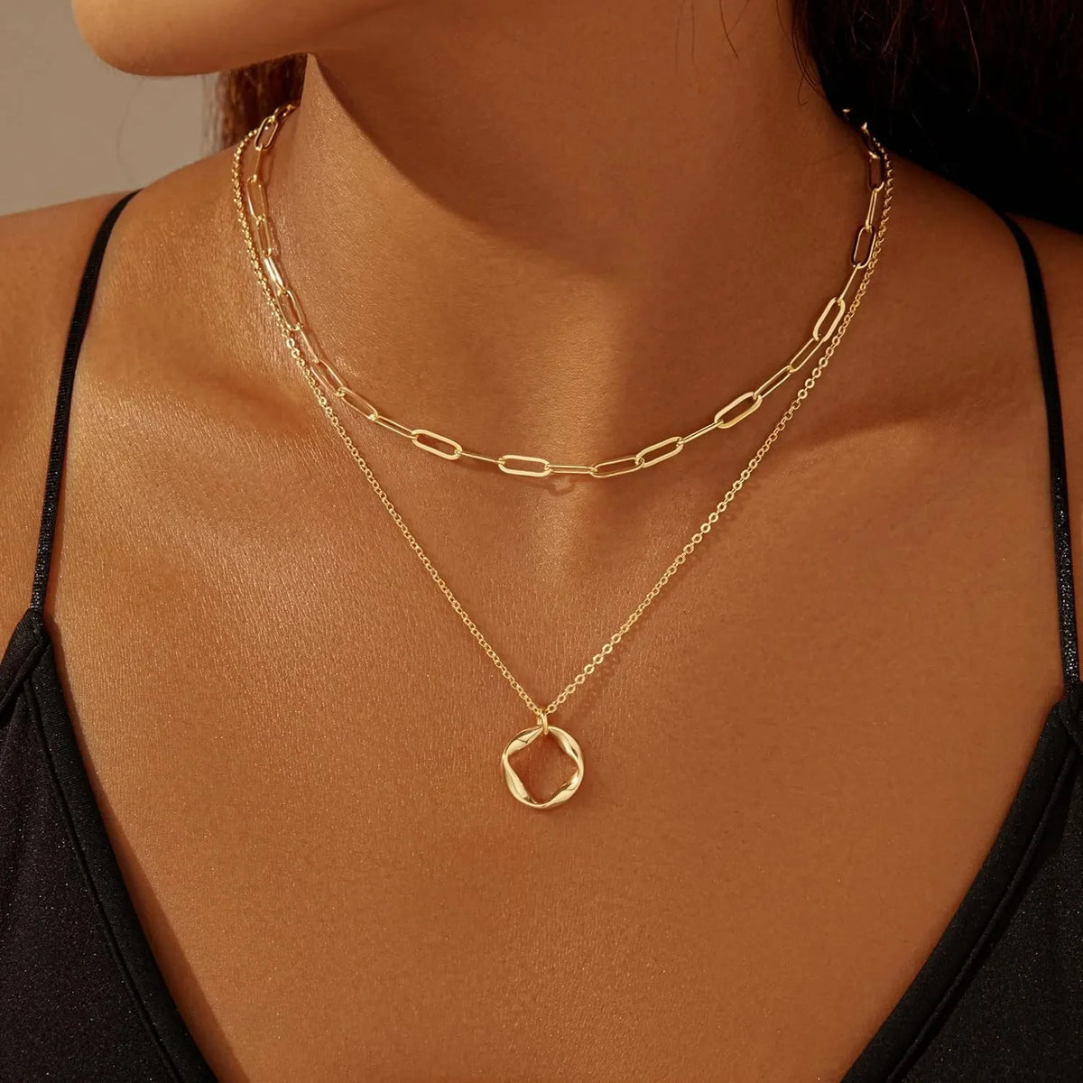 Layered 14k Gold Plated Necklaces for Women Stackable Silver Plated Circle Paperclip Chain Pendant Choker Necklace Set For Women