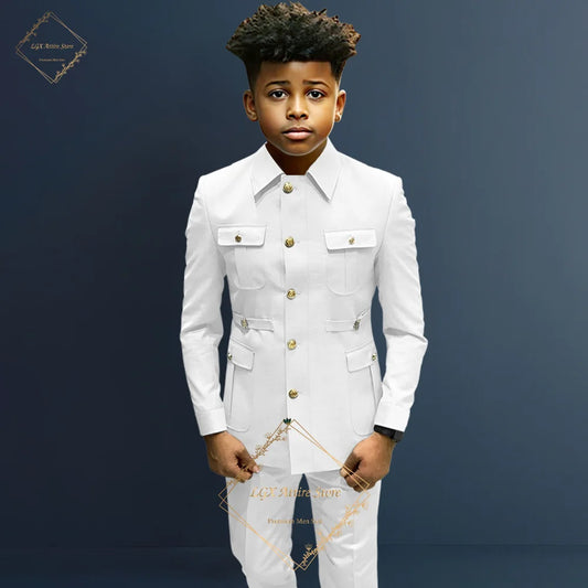 Boys single-breasted formal 2-piece suit, boys Zhongshan suit style long coat classic design suitable for ages 2-16