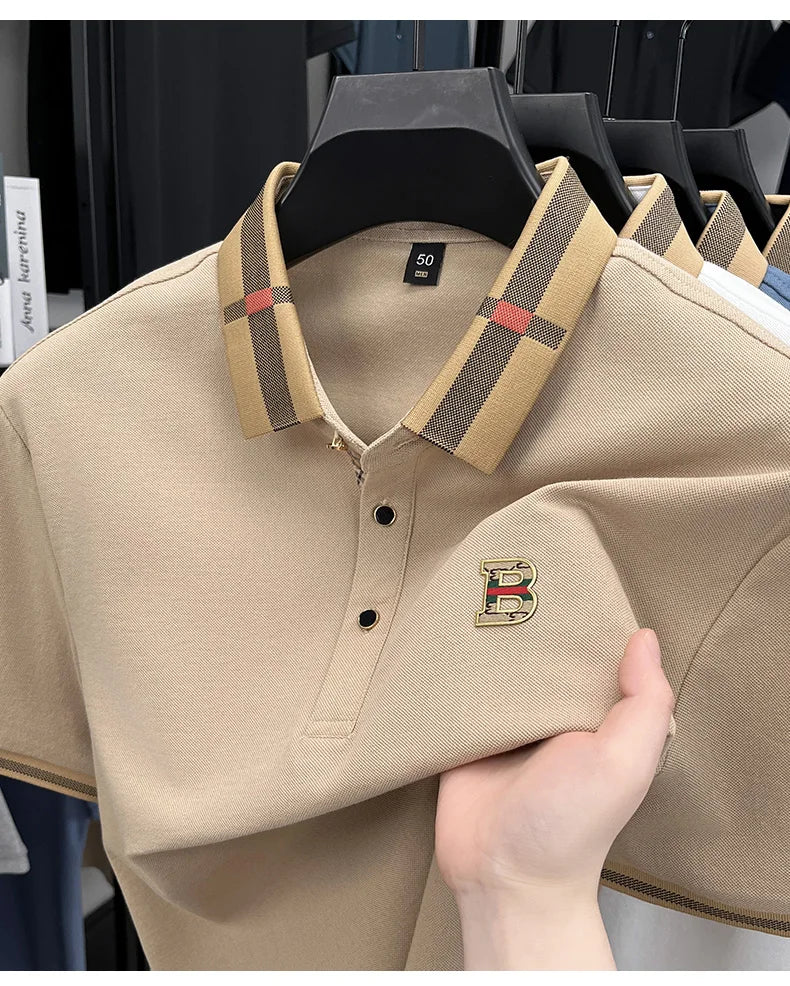 Luxury brand logo short-sleeved polo shirt for men's summer new high-end silk-cotton breathable casual fashion T-shirt clothing