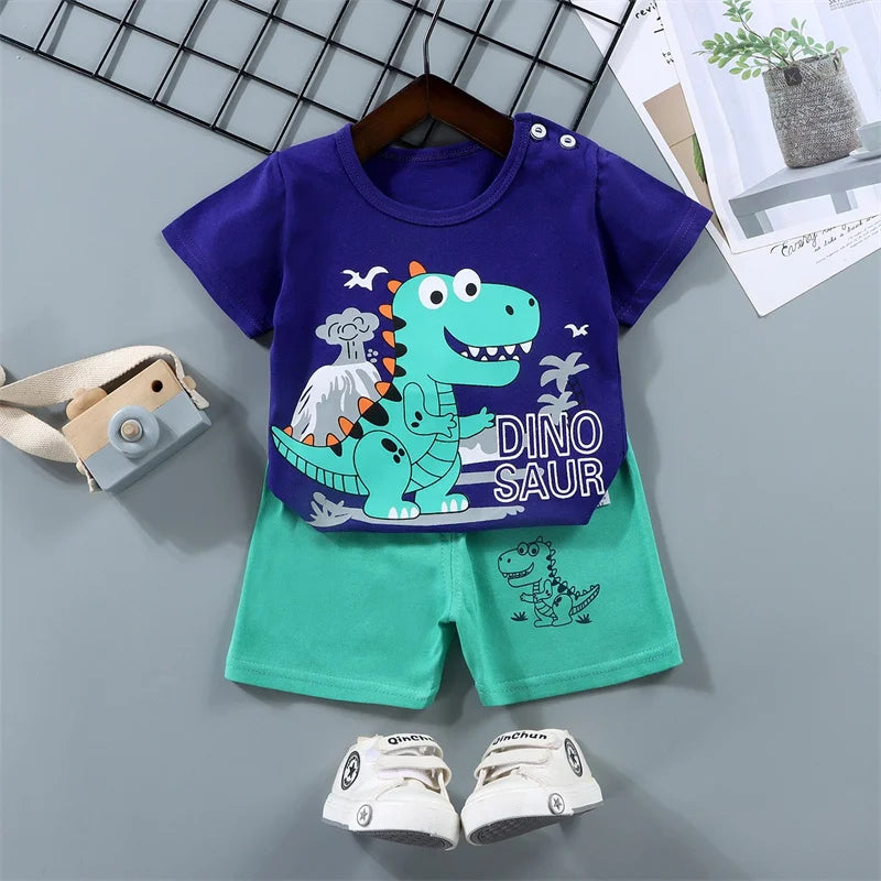 Pyjama 2 Pièces Enfant Coton | T-Shirt & Short | Cartoon Ours Dinosaure | Bébé 1-4 Ans Été