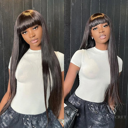 100% Human Hair Wig With Bangs Short Human Hair Wigs For Brazilian Straight Black Long Fringe Wig Full Machine Made Wig