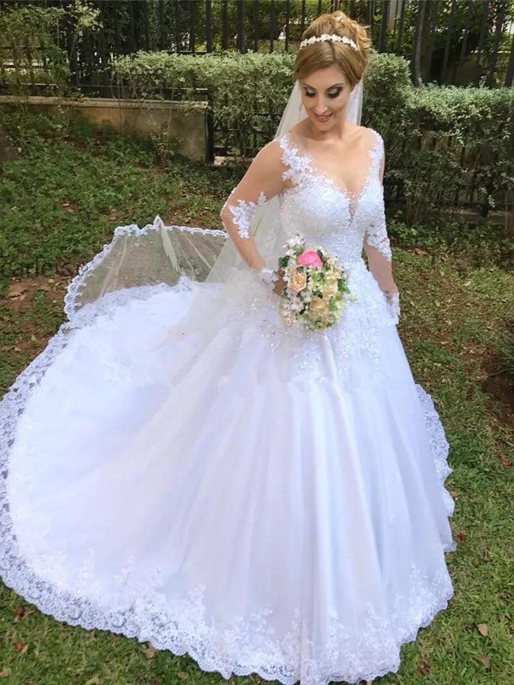 Robe de Mariée Bohème Sexy | Manches Longues Dentelle | Silhouette A-Line | Traîne Courte | Sur Mesure | Blanc & Ivoire