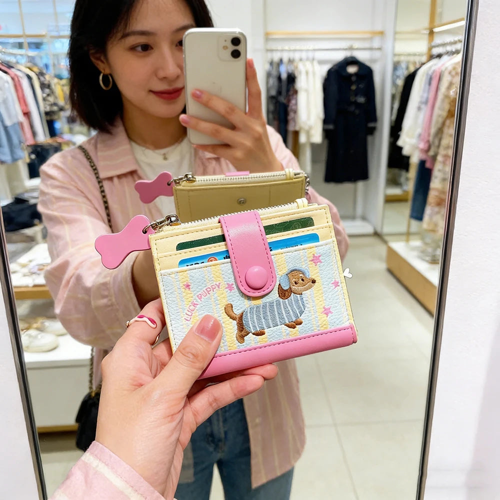 Women's Cute Cartoon Embroidered Sausage Dog Wallet Zipper Coin Purse Double Fold Card Holder Wallet Ultra Thin Leather Money Clip