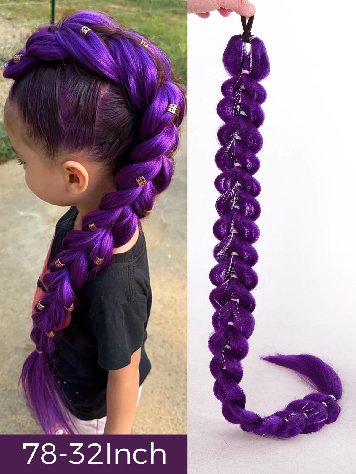 Queue de Cheval Tressée Violette | 32 Pouces | Tinsel Brillant | Extensions Super | Cosplay & Noël | Enfants & Filles