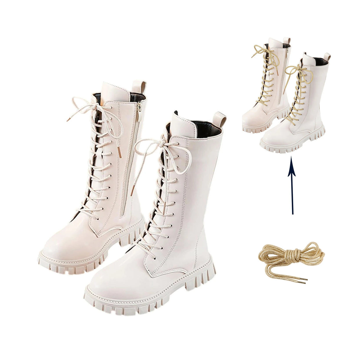 Bottes Combat Punk Gothique Filles Ado | Cuir Vegan Mi-Mollet | Zipper Latéral Antidérapant | 4-11 Ans
