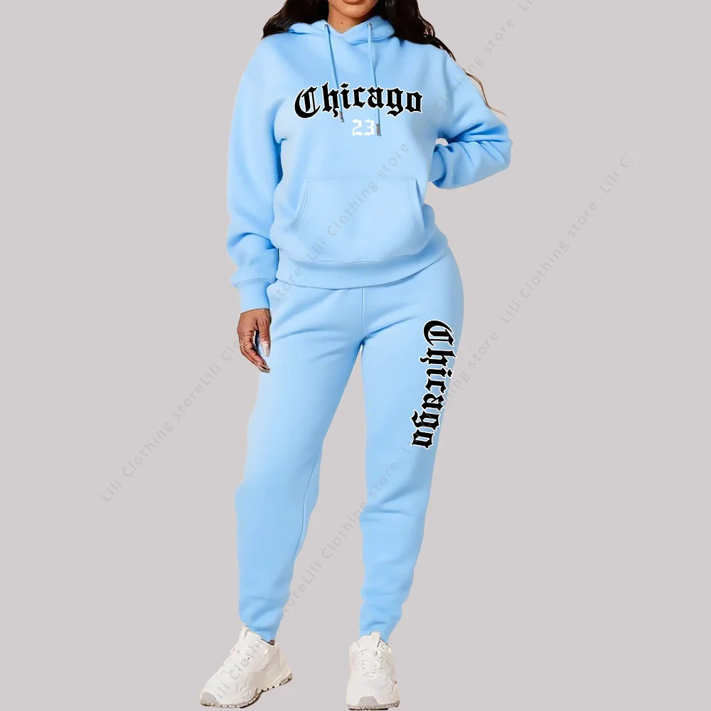 Jogging Femme 2 Pièces | Sweat Capuche & Pantalon | Imprimé Chicago Lettre | Grande Taille Rose