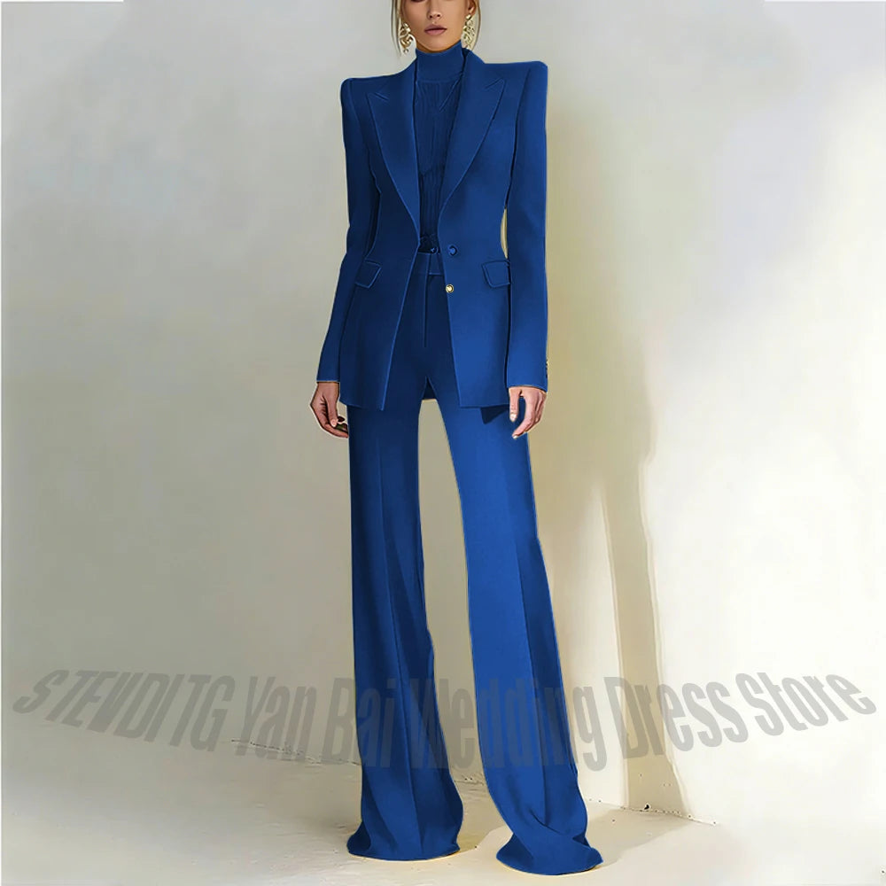 Women's Pant Suit 2 Piece Set Office Female Business Work Formal Jacket Trouser One Button Chic Yellow Peaked Lapel Elegant Suit