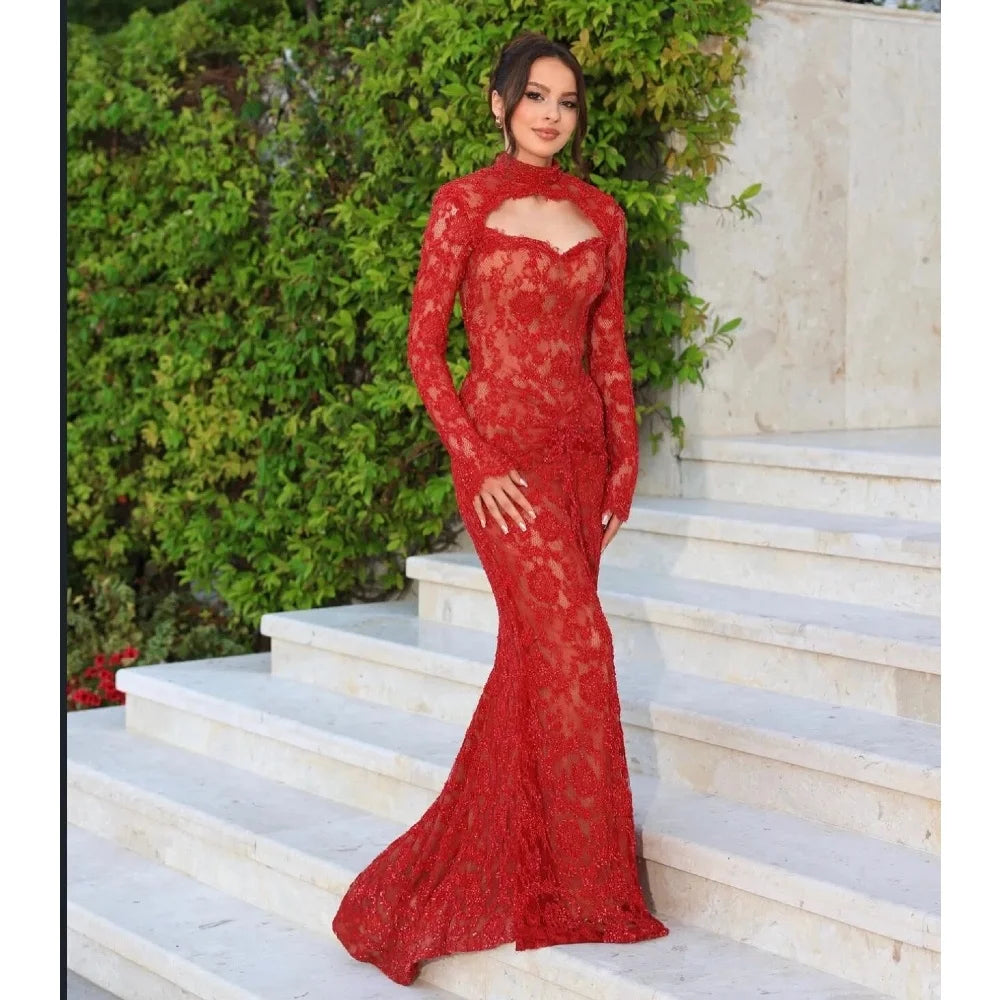 Glamorous Red Evening Dresses Full Lace Stunning Beads Prom Gowns with Cape Floor Length Customized Special Occasion Gowns