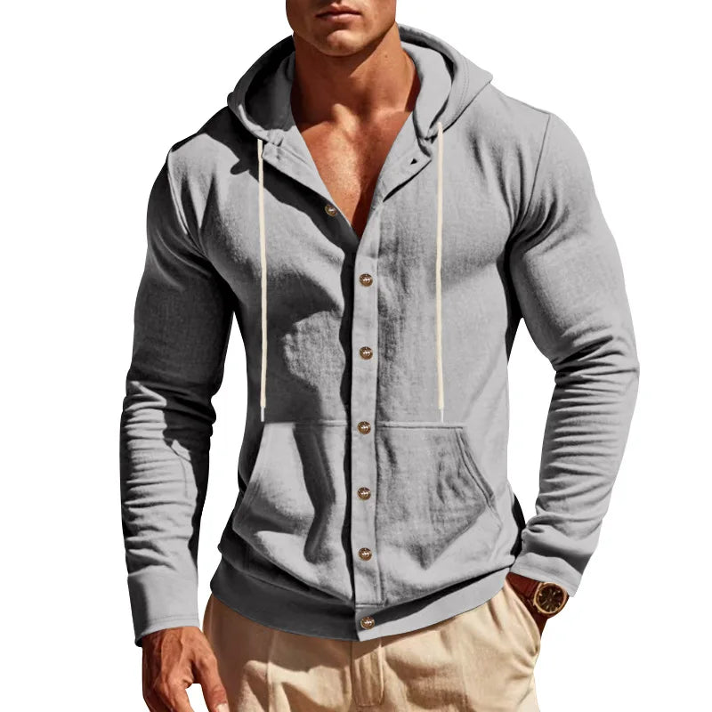 Men's Linen Hoodie Shirt Casual Slim Fit Hooded Long Sleeve Solid Button Down T-shirt Tops New Men Spring Summer Vacation Shirts