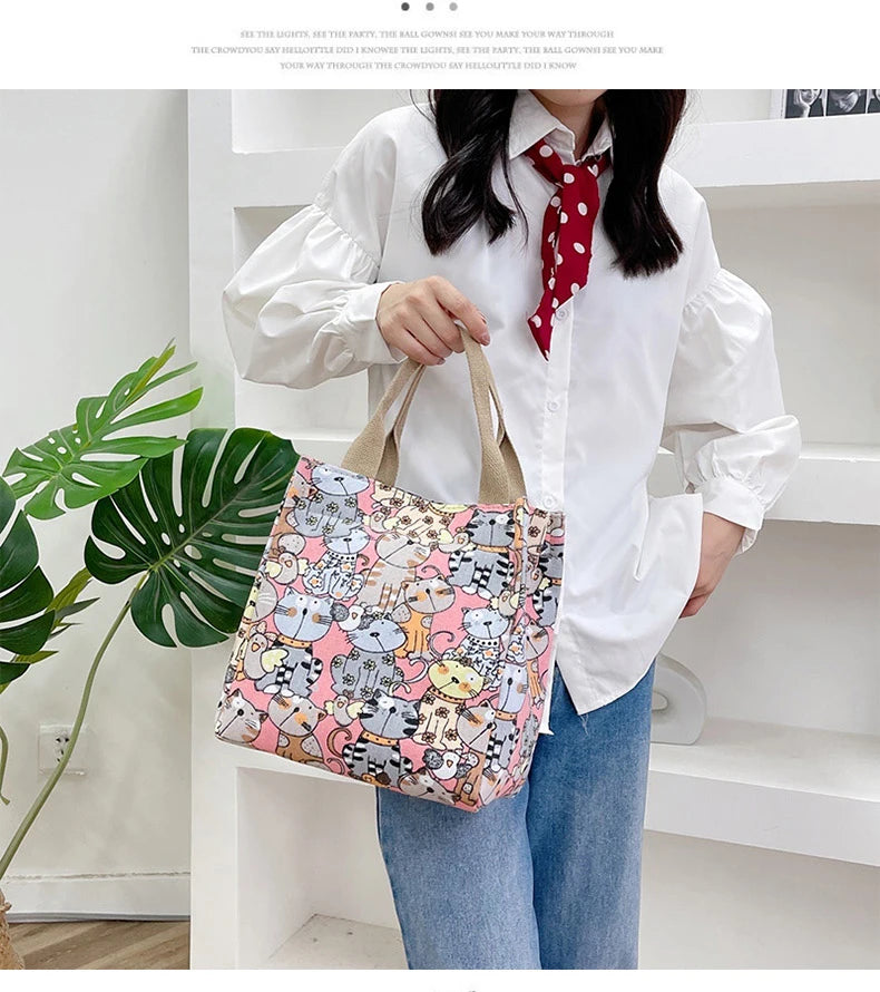 Fashionable Top-Handle Bag with Cute Cat Pattern, Portable Mommy Bag for Women
