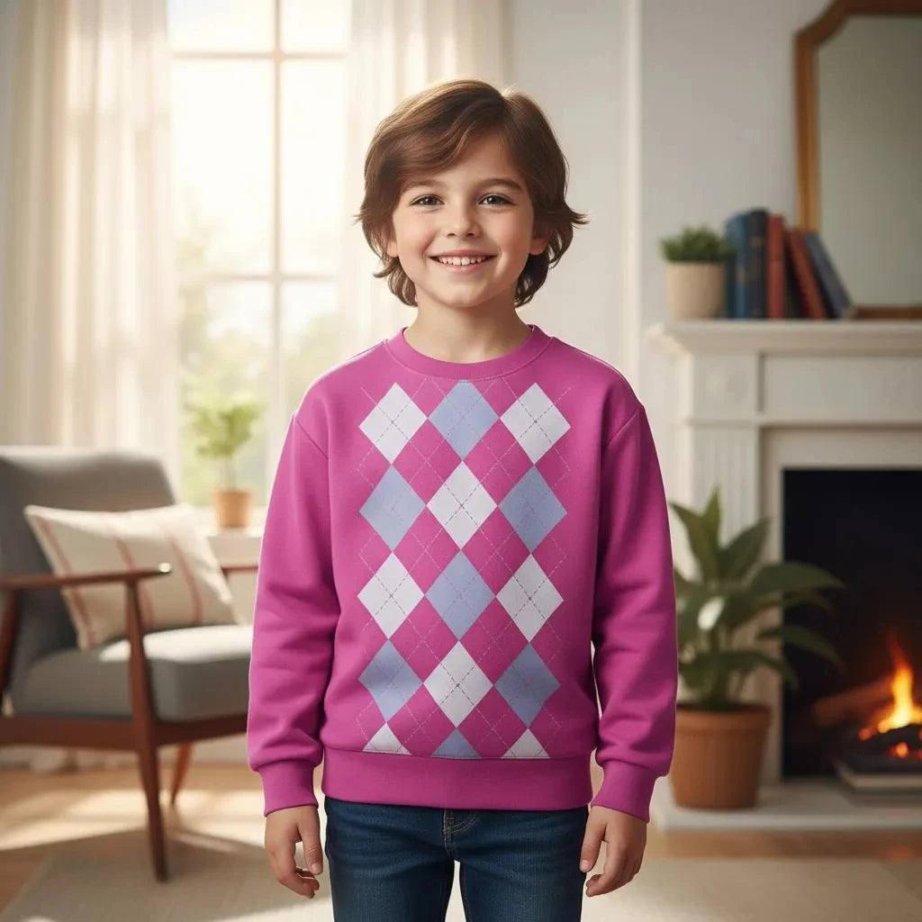 Kids' Fall/Winter Fashion Staple: Pink Diamond Round Neck Hoodie, Blending K-POP and Preppy Style, Versatile and Comfortable