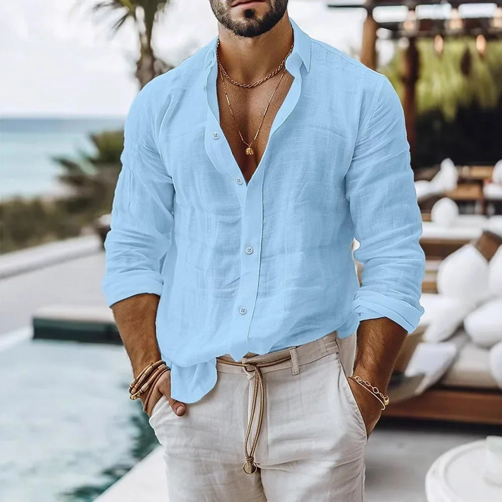 Chemise en coton et lin pour homme, style plage d'été, couleur unie, simple boutonnage, chemises respirantes, hauts boutonnés légers et élégants