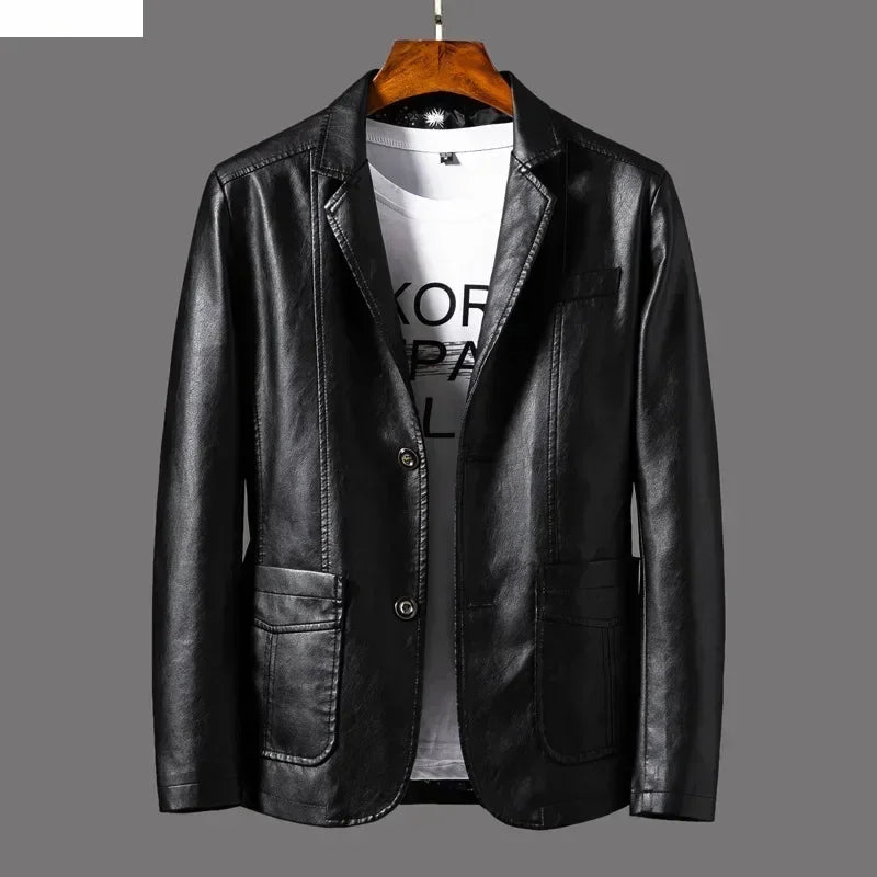 New Leather Jacket Men's Business Casual Lapel PU Leather Blazers Fashion Solid Slim Korean Style Leather Coat Big Size 6XL