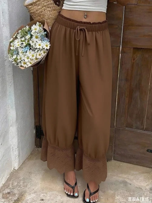Women's Wide Leg Pants White Polyester Lace Trim Hem Casual Loose Fit Summer Trousers Wide Leg Pants