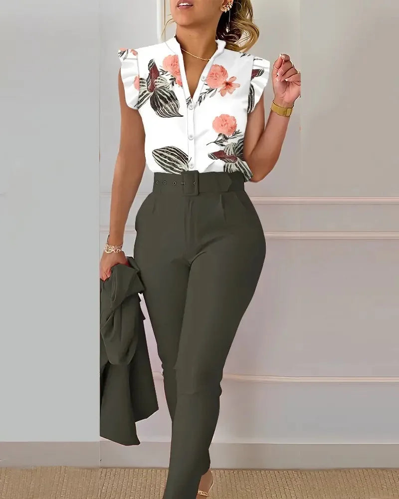 Women's Elegant Slim Two-Piece Sets Summer Fashion Print V Neck Button Flying Sleeve Shirt Top & Solid Long Pants Suits With Belt