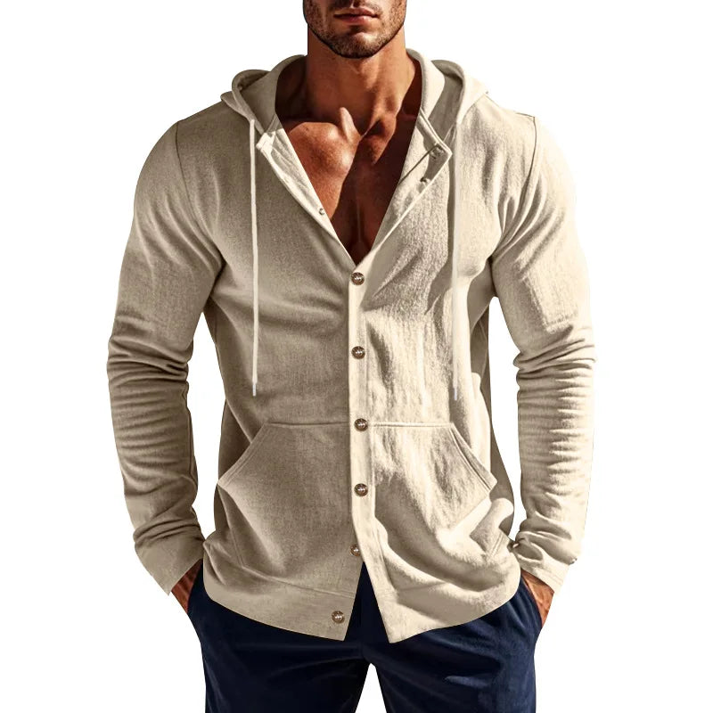 Men's Linen Hoodie Shirt Casual Slim Fit Hooded Long Sleeve Solid Button Down T-shirt Tops New Men Spring Summer Vacation Shirts