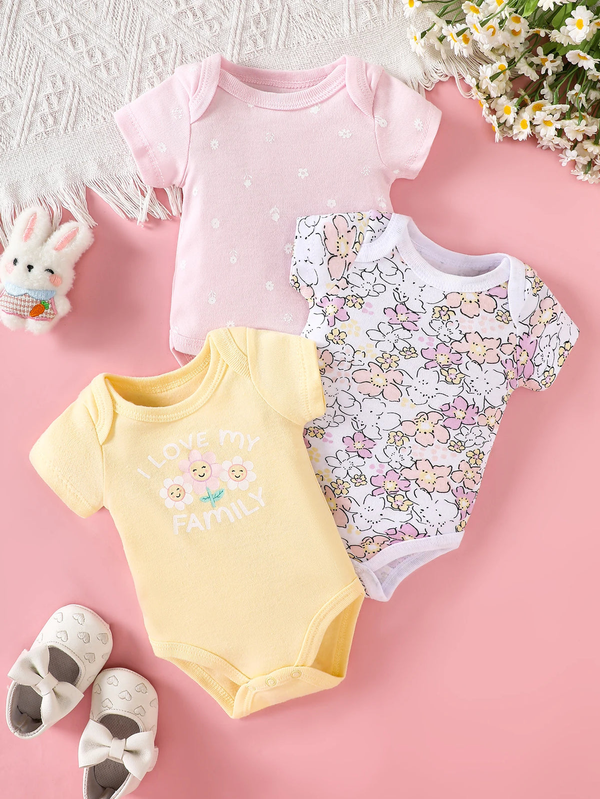 3-Piece Baby Bodysuits | 100% Cotton | Pink LOVE Print | For 0-9 Months Infants