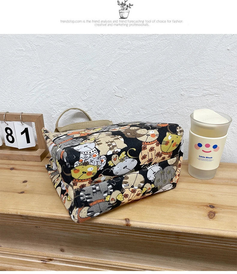 Fashionable Top-Handle Bag with Cute Cat Pattern, Portable Mommy Bag for Women
