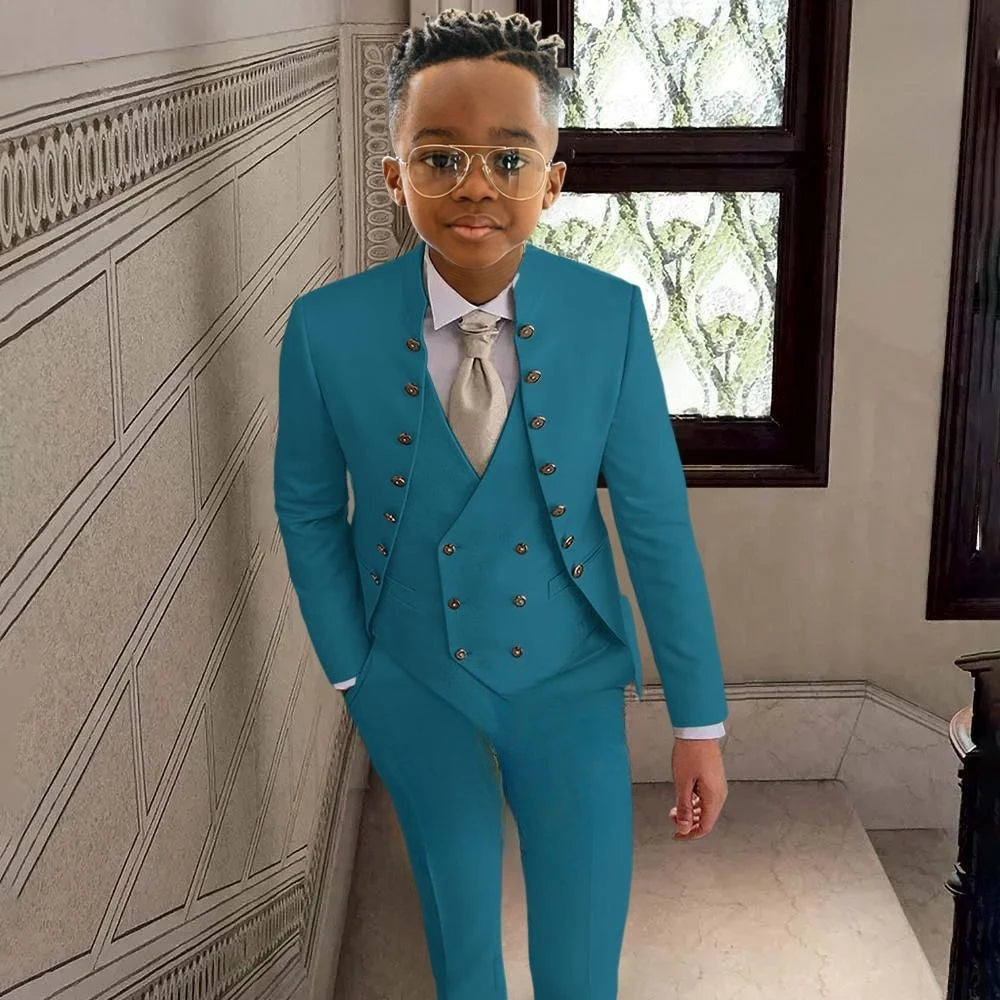 Fashionable Kids Stand-up Collar Suits 3 Pieces Jacket Vest Pants Performance Outfit Comfortable Boys Tuxedo Wedding Guest Wear