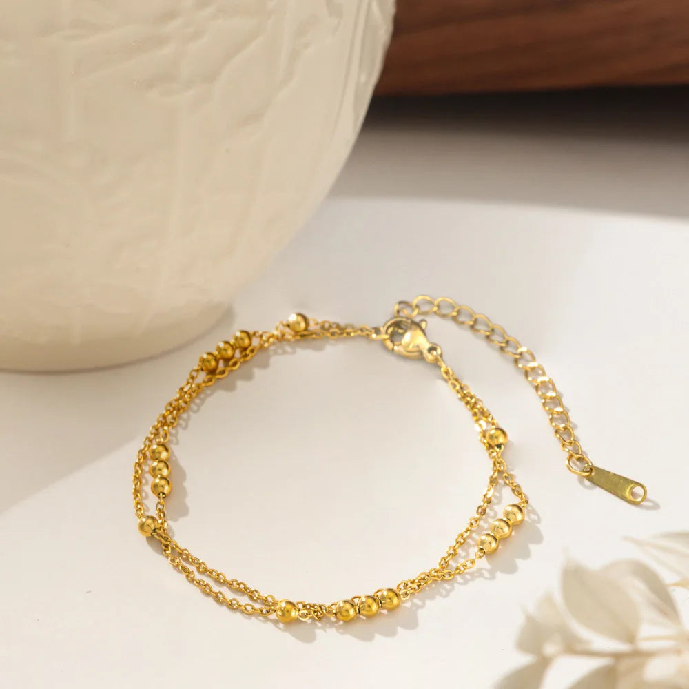 Bracelet Femme Plaqué Or | Double Rang Perles Rondes Rétro | Acier Inoxydable | Cadeau Anniversaire