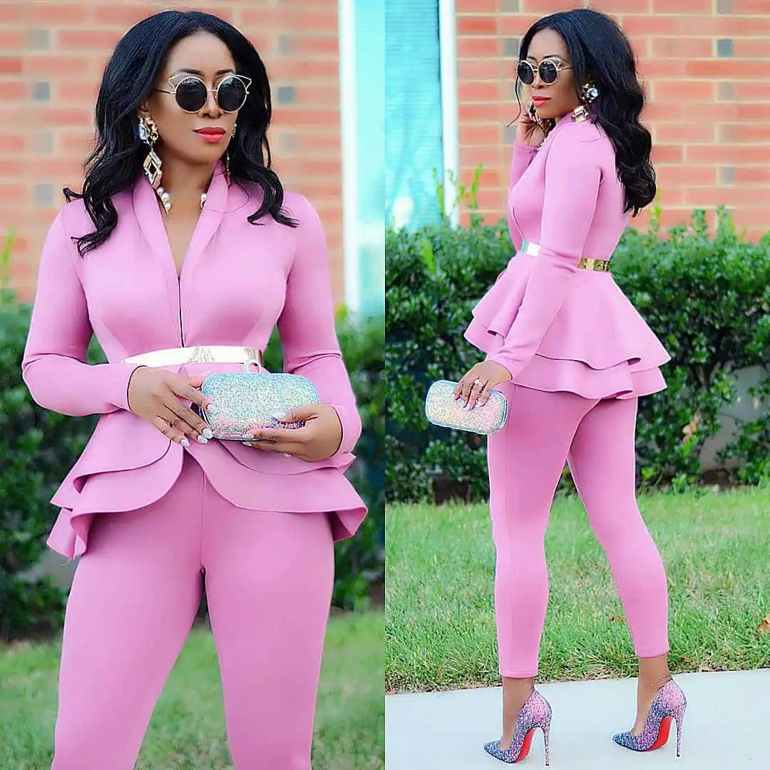 Women's Winter Tracksuit Set Full Sleeve Ruffled Blazer Pencil Pants Suit Two-Piece Set Office Lady Outfits Uniform
