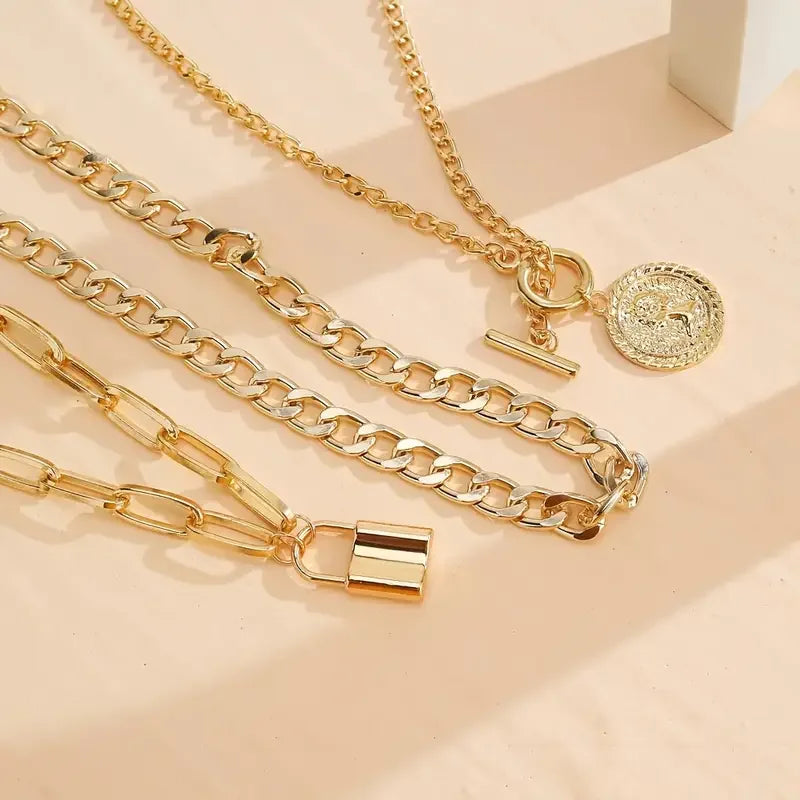 Lot 3 Colliers Superposés | Plaqué Or Vintage | Pendentif Cadenas Rond Embossé | Bijou Femme Fashion