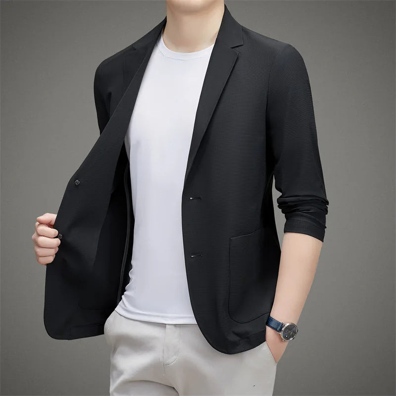 Minimalist Men's Casual Blazer Ice Silk Nylon Spandex Seamless High-Stretch Sun Protection Cooling Summer Breathable Tech Jacket