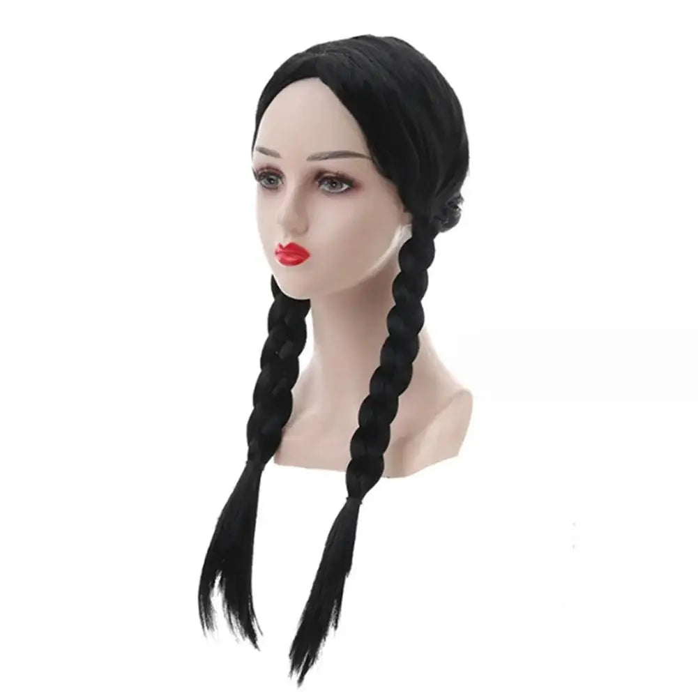 Double Ponytail Braided Wig For Wednesday Wigs Halloween Gothic Costume Braids Anime Double Black Synthetic Braided With Bangs