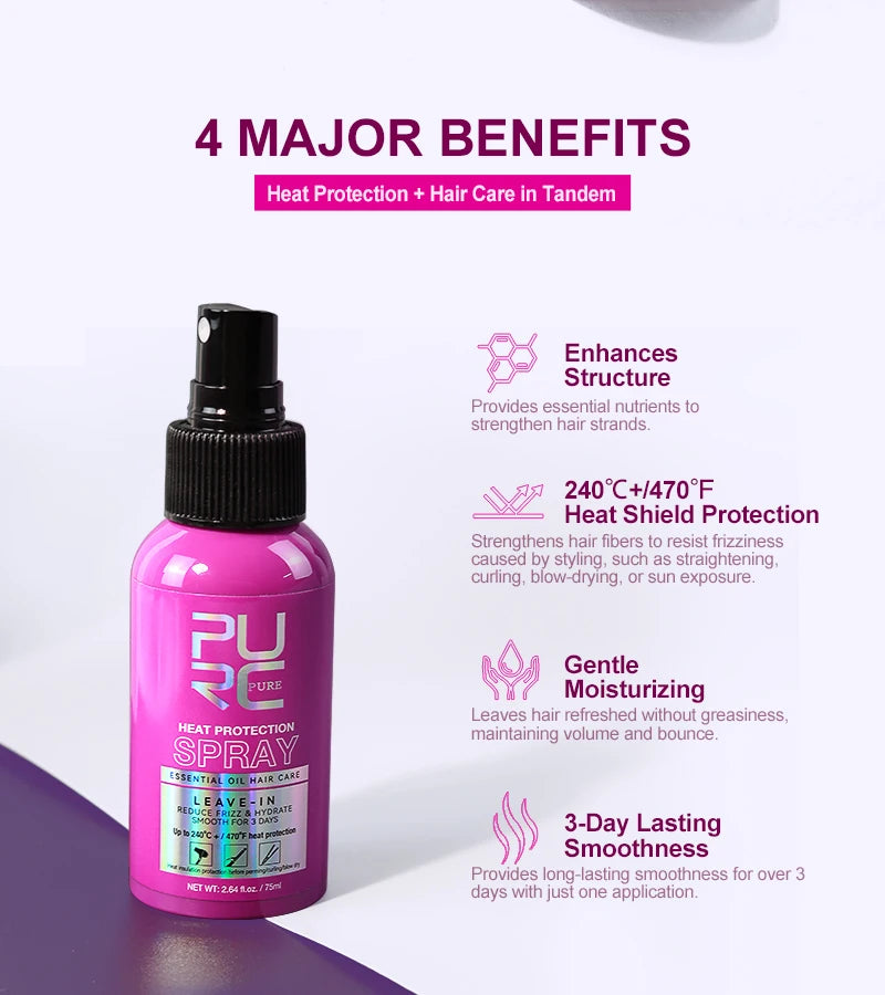 Spray Thermoprotécteur PURC Huile Coco | Anti-Frisottis & Brillance | Protection Jusqu'à 240°C