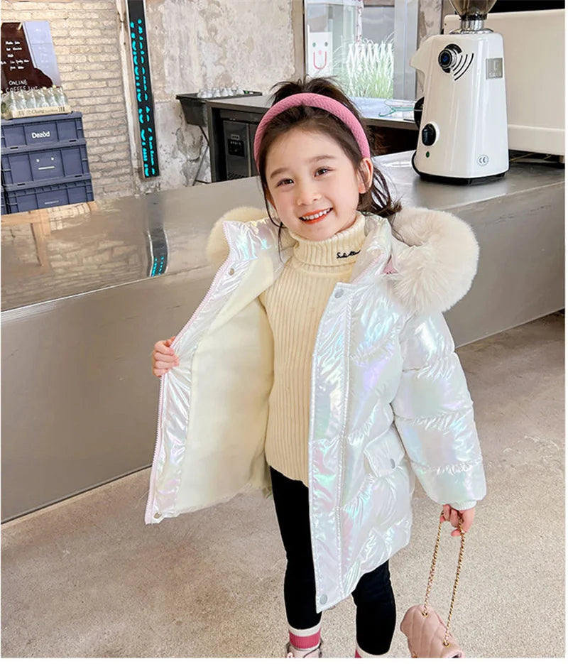 Doudoune Longue Fille Licorne | Imperméable Brillante | Col Fourrure Capuche | Parka Enfant Hiver