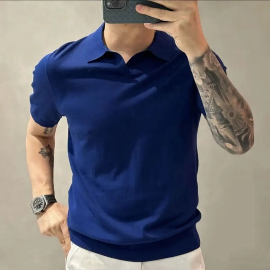 2023 Men's Clothing Light Luxury Knitted Polo Shirt Casual Solid V-Neck Solid Jacquard Short Sleeve T-Shirt Breathable M-4XL