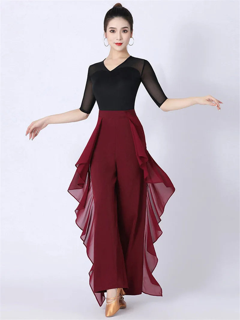 Dance Wide-Leg Pants Women's High-Waist Pants Lotus Leaf Side Loose Training Pants 2022 New Dance Female Pants