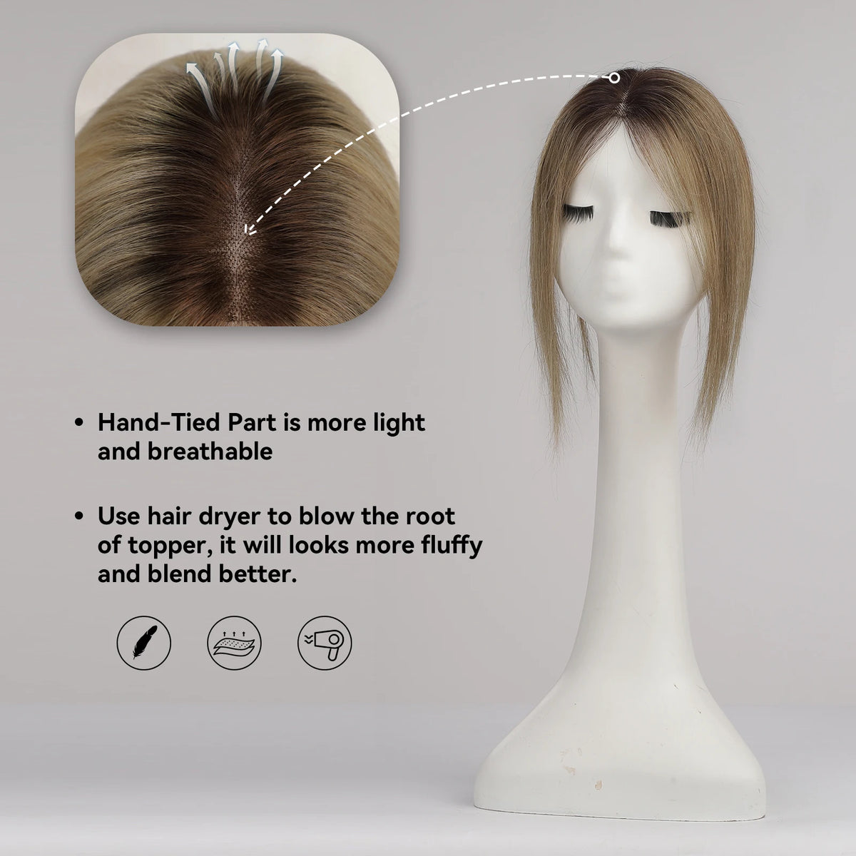 Topper Cheveux Remy 100% | Brun Ombré | 12 Pouces | Lace Base Milieu | Clip | Pour Cheveux Clairsemés | Femme