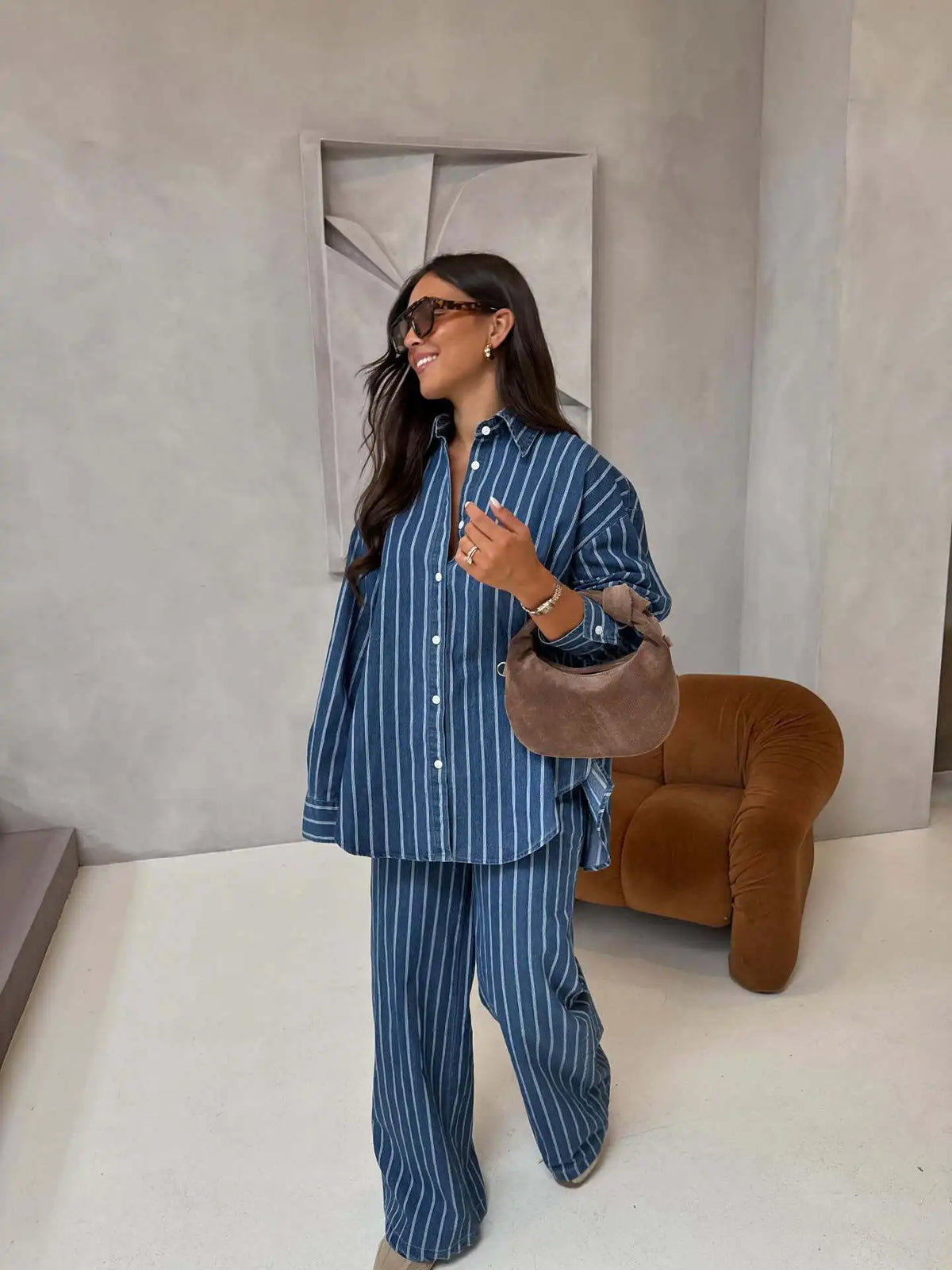 Ensemble 2 Pièces Femme Y2K | Chemise Col Rabattu Rayée & Pantalon Large Taille Haute | Streetwear