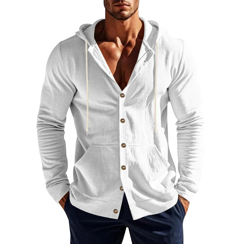 Men's Linen Hoodie Shirt Casual Slim Fit Hooded Long Sleeve Solid Button Down T-shirt Tops New Men Spring Summer Vacation Shirts