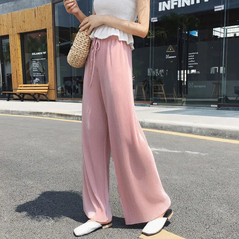 Pantalon Large Plissé Soie Glacée Femme | Taille Élastique Ample | Casual Été Mode