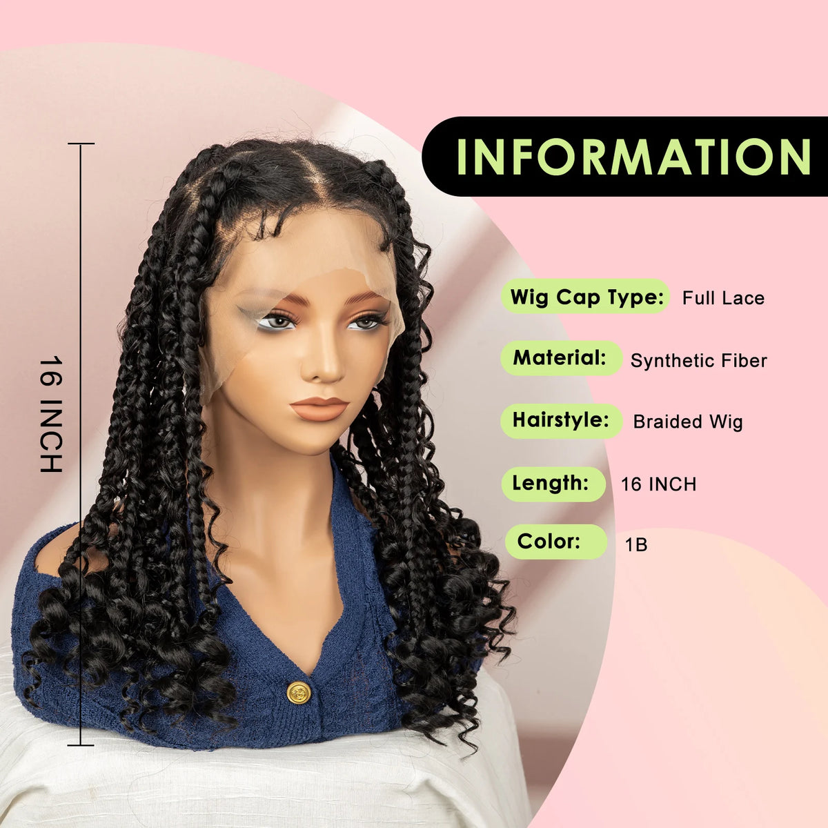 Perruque Full Lace Tresses Box Braids Boho Knotless | 16 Pouces | Bob Court | Synthétique Crochet | Femme