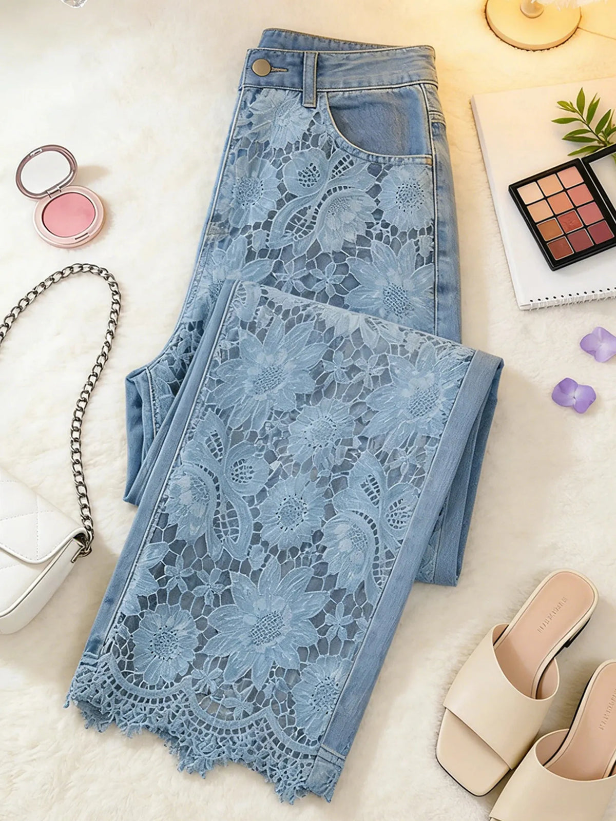 High Waist Wide Leg Pants Lace Splicing Hollow out Loose Fit Straight Cut Jeans Women's Spring Fashion Casual Trousers
