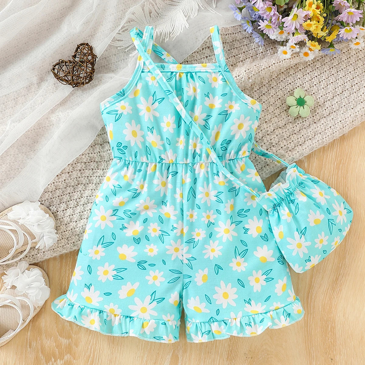 Baby girl baby fashionable casual flower full body printed suspender jumpsuit (including bag but not shoes) summer