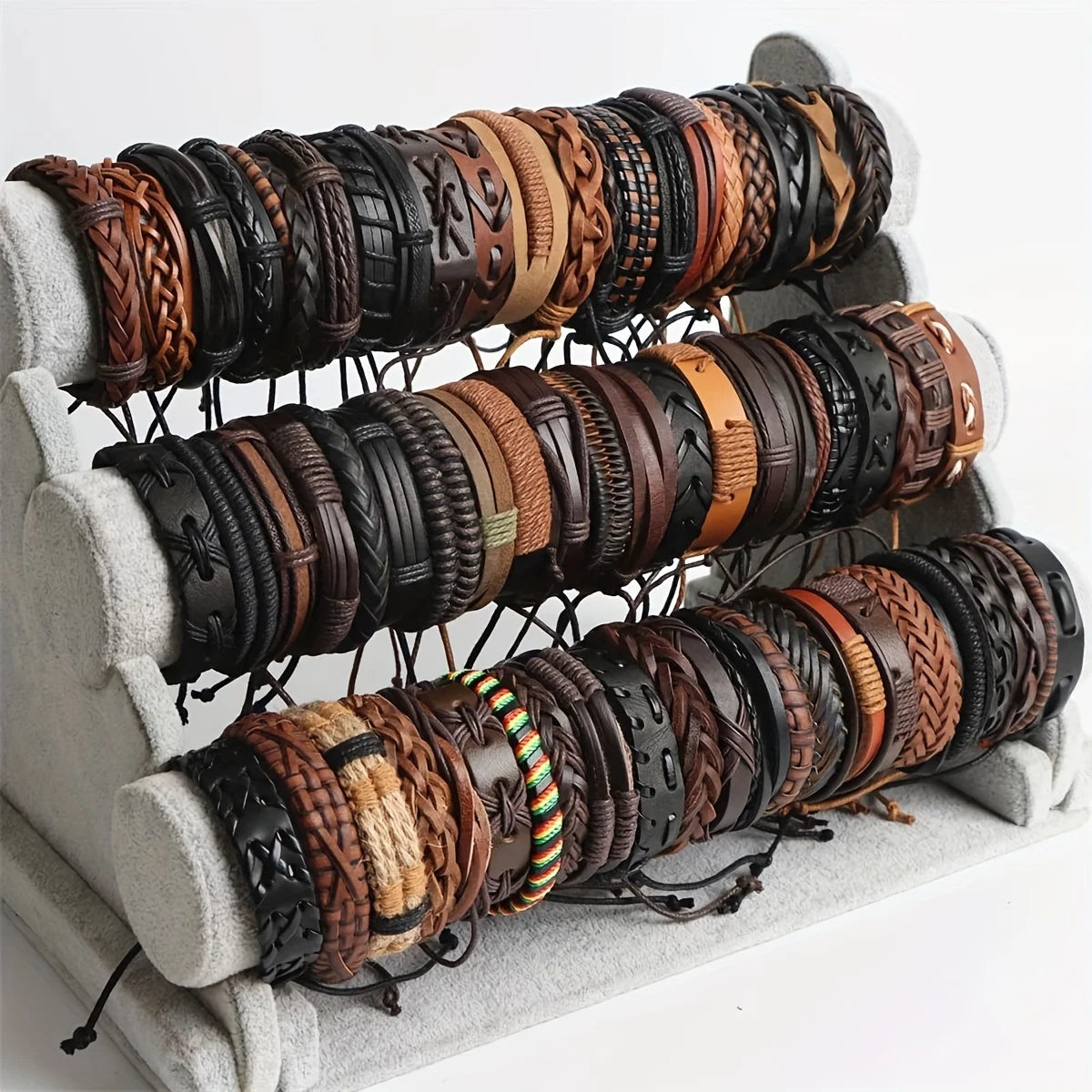 Lot 20 Bracelets Cuir Tressé | Perles Bois Chanvre Ethnique | Manchette Unisexe Fait Main