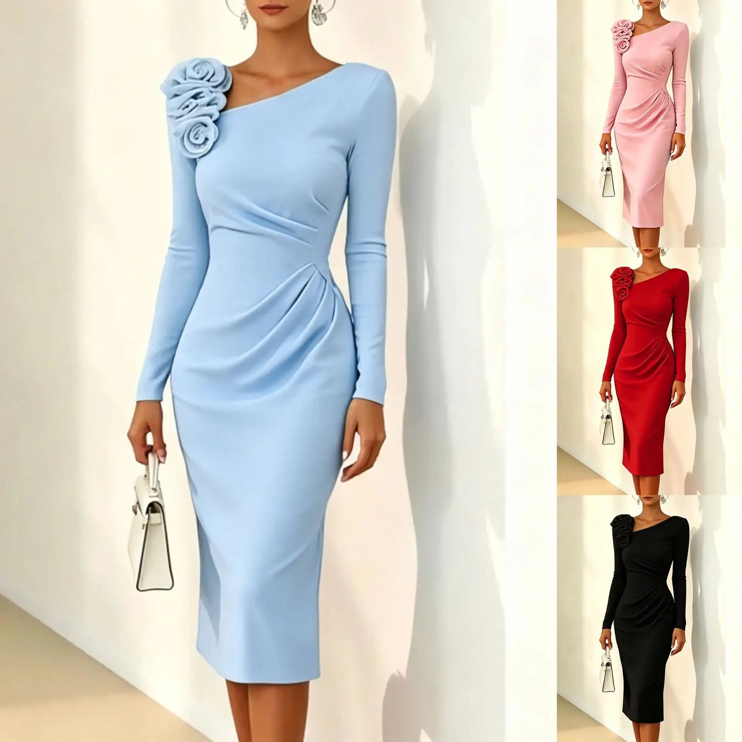 Banquet Dress for Women Elegant Sweet 3D Flower Ruched Bodycon Midi Robe Female Party Prom Vestidos Evening Gown Lady